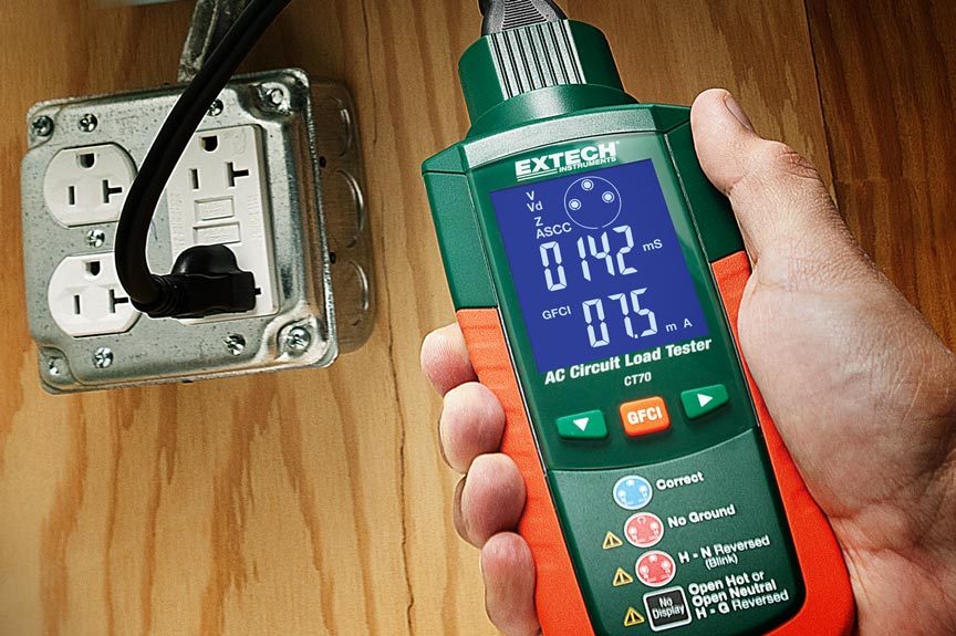 lifestyle photography of Extech's AC Circuit load tester for Extech in Nashua, NH lifestyle photography of Extechs AC Circuit load tester plugged into outlet for Extech of Nashua, NH.