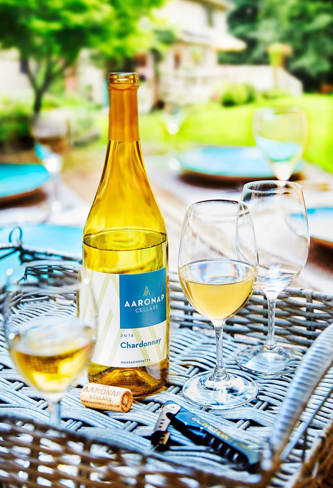 food photography of chardonnay outdoors for Aaronap Cellars of  Westford, MA