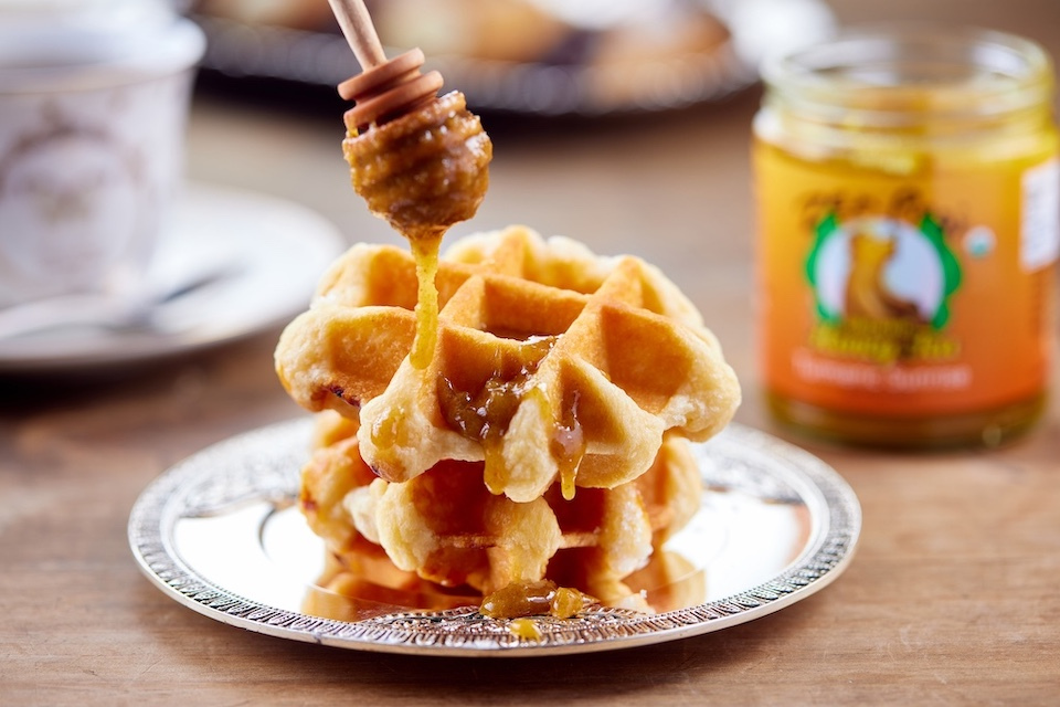 food photography of Zen Bear honey tea  drizzled on waffles photographed  for Zen Bear of Salem, NH