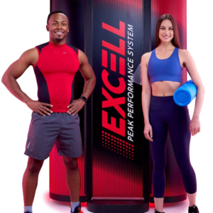 Product photography of male and female in athletic clothing standing in front of Excell Machine Suncapsule of North Andover, MA.